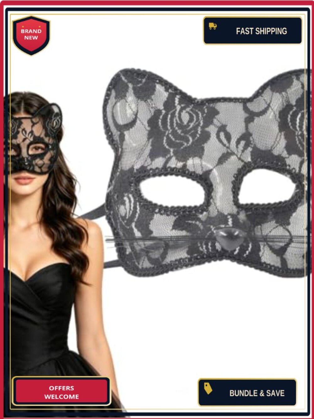 Black Lace Cat Mask Costume Mask for Women Halloween Party